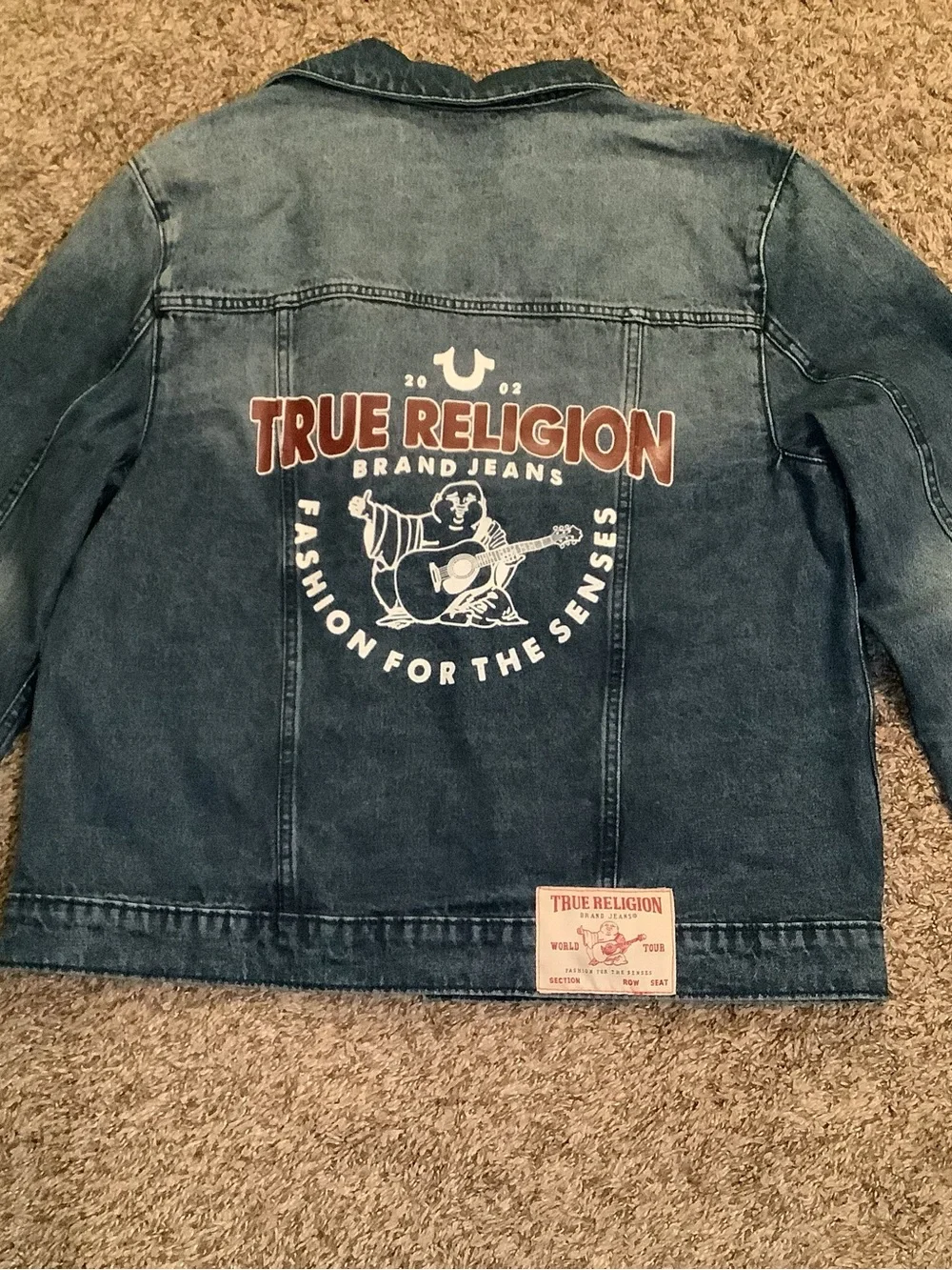 True Religion Logo Print Denim Jacket, color medium blue quartz wash, size: M